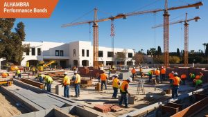 A bustling construction scene in Alhambra, California, with workers in safety gear building structures around steel beams and a crane. The image highlights the teamwork and scale of construction efforts under a clear blue sky.