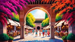 A vibrant outdoor marketplace in Alhambra, California, featuring people walking and dining under a colorful archway adorned with blooming flowers. The scene captures a lively, welcoming community area with a sunny atmosphere.