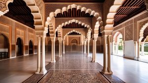 Interior view of an ornate architectural space in Alhambra, California, featuring intricately designed arches and columns with a tiled floor. The detailed, traditional design creates a sense of elegance and historical charm.