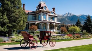 Historic mansion in Arvada, Colorado, surrounded by manicured gardens, with a vintage carriage in the foreground and mountains in the distance.