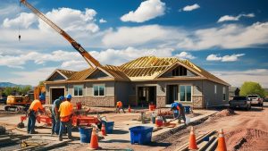 Construction workers building a residential home in Arvada, Colorado, with a crane in the background and blue skies above.