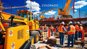 Active construction site in Arvada, Colorado, featuring heavy machinery, construction workers in safety vests, and cranes with clear skies.