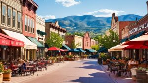 Olde Town Arvada, Colorado, with colorful storefronts, outdoor dining areas, and the backdrop of scenic mountain views.