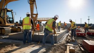 Construction workers on a job site in Beaumont, California, operating heavy machinery and building infrastructure, representing the city’s development and growth