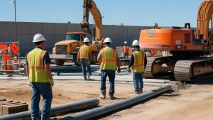 Team of construction workers preparing a site in Beaumont, California, with excavators and materials, highlighting the area's active construction industry.