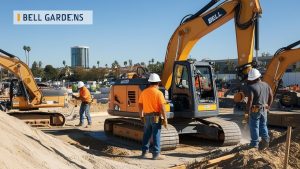 Construction workers in Bell Gardens, California, operating heavy machinery on a sandy construction site with urban buildings and palm trees in the background.