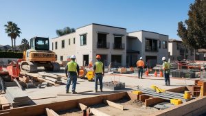 Residential construction project in Bell Gardens, California, featuring workers in safety vests and helmets, a construction vehicle, and modern homes under development.