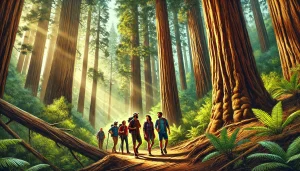 an image of a group of friends hiking in the lush redwood forests of Berkeley, CA. Include towering trees, dappled sunlight, and a sense of camaraderie and adventure.