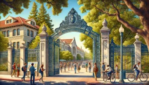 an image depicting the iconic Sather Gate at the University of California, Berkeley, surrounded by students, historic buildings, and a vibrant atmosphere showcasing the rich history and culture of Berkeley, CA.