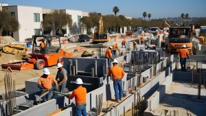 Construction site in Brea, California, featuring workers in orange safety vests operating heavy machinery and completing structural concrete work under a sunny sky.