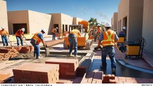 Team of workers paving pathways and laying bricks at a construction site in Brea, California, showcasing collaborative efforts and modern urban development.