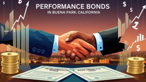 Handshake over performance bond documents with financial growth symbols, representing performance bonds in Buena Park, California.