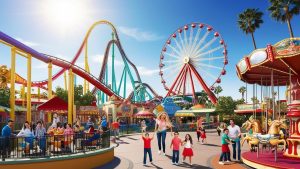 Colorful amusement park in Buena Park, California, with roller coasters, a Ferris wheel, and families enjoying the attractions.