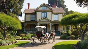 Victorian-style house with a horse-drawn carriage in front, located in Buena Park, California, showcasing local history and charm.