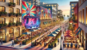 an image showcasing a vibrant outdoor art installation with colorful murals, a bustling street filled with trendy restaurants and cafes, and a lively music venue with a crowd enjoying a concert in Carlsbad, CA.