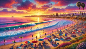 an image of a vibrant sunset over Carlsbad's Tamarack Beach, showcasing surfers catching waves, families picnicking on the sandy shore, and colorful beach umbrellas dotting the coastline.