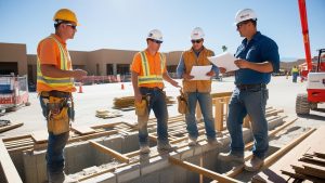 Four construction workers discussing project plans at a building site in Coachella, California, wearing safety vests and hard hats, showcasing teamwork and collaboration in a desert environment.