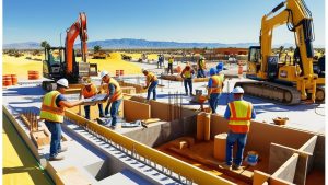 Construction crew actively working on a large-scale infrastructure project in Coachella, California, with excavators and building materials, emphasizing progress and development in the city.