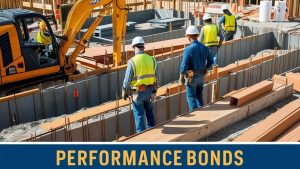 A large-scale construction site with contractors, engineers, and heavy machinery, showcasing the scope of performance and payment bonds in California's construction industry.