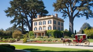 Historic mansion with a carriage in Chico, California, symbolizing the blend of tradition and modern growth supported by performance bonds.