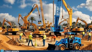 Active construction site in Citrus Heights, California showcasing cranes, excavators, and workers against a backdrop of clear skies, illustrating a large-scale development project.