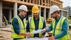 an image showing a diverse group of construction workers discussing insurance options. Include elements like blueprints, safety gear, insurance documents, and a variety of construction tools to highlight key factors to consider when choosing construction contractor insurance.