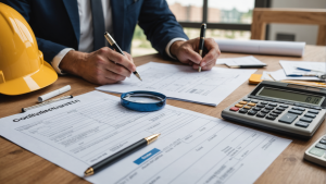 an image of a construction site with various insurance policy options displayed on a table. Include a contractor reviewing documents with a magnifying glass, a checklist, and a calculator. Focus on details like logos, charts, and coverage details.