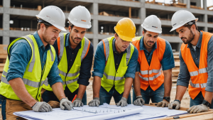 an image showing a diverse group of construction workers reviewing blueprints, taking exams, and submitting paperwork for licensing requirements. Include a variety of tools, safety gear, and a construction site background.