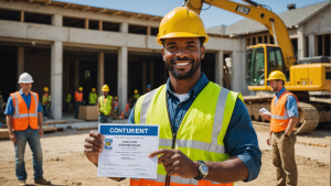 an image of a construction contractor in a hard hat, proudly displaying their license on a job site. Include a diverse team working together, quality tools, and a completed project in the background.