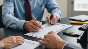 an image of a person submitting documents at a government office counter. Show a contractor filling out forms, providing identification, and receiving a stamped approval for a construction contractor license application process.