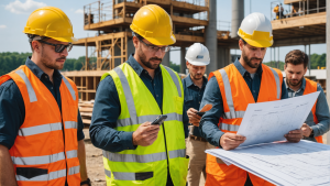 an image showing a diverse group of construction workers reviewing blueprints, updating licenses, and inspecting equipment. Include a calendar with renewal dates and maintenance tools in the background.