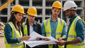 an image of a diverse team of construction workers in hard hats reviewing blueprints, discussing plans, and inspecting a construction site. Show a mix of genders and ages.