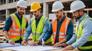 an image of a construction general contractor overseeing a team on-site, reviewing blueprints, scheduling tasks, inspecting progress, and communicating with clients. Include a diverse group of workers and various construction materials.