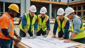 an image showing a diverse team of construction workers collaborating on a project site, with a general contractor overseeing the progress. Include various tools, blueprints, safety equipment, and a mix of skilled laborers.