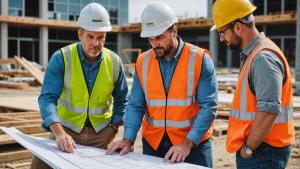 an image showcasing a construction general contractor discussing plans with subcontractors on-site. Show a diverse team collaborating, sharing blueprints, and working together in a harmonious environment.