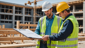 an image contrasting construction management and general contractor responsibilities: construction manager overseeing project schedule, budget, and quality control, while general contractor supervises subcontractors, permits, and onsite construction activities.