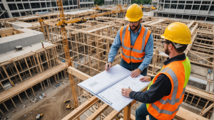 an image contrasting construction management and general contractor roles in Project Communication and Coordination: Show a construction site with clear communication and organized coordination vs a chaotic, disorganized site.