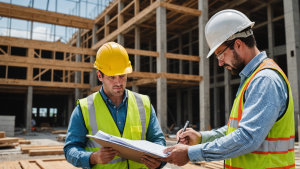 an image contrasting construction management and general contractor decision-making authority. Show a construction manager directing tasks and a general contractor overseeing multiple projects simultaneously, both making independent decisions.