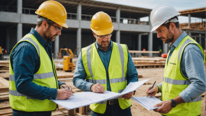 an image showcasing a construction management team reviewing detailed project cost breakdowns and budget reports, while a general contractor oversees workers on-site managing project expenses and budget allocations.