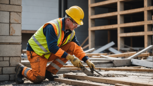 an image of a diverse team of construction workers in hard hats reviewing blueprints, discussing plans, and inspecting a construction site. Show a mix of genders and ages.