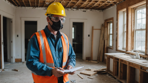 an image of a construction general contractor overseeing a team on-site, reviewing blueprints, scheduling tasks, inspecting progress, and communicating with clients. Include a diverse group of workers and various construction materials.