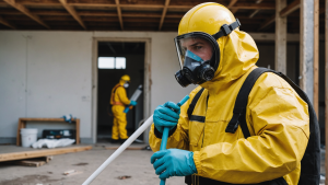 an image of a construction remediation contractor showcasing services like asbestos removal, mold remediation, water damage restoration, and structural repairs. Include workers in hazmat suits, decontamination equipment, and building materials.