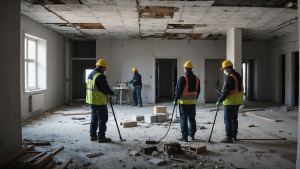 an image showing a construction site with workers in protective gear, using specialized equipment to remove mold and water damage. Include before-and-after shots of a renovated building interior.