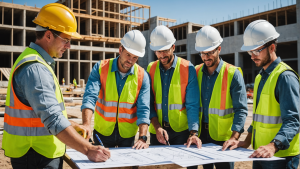 an image of a construction contractor overseeing a team working on a variety of projects: remodeling a kitchen, building a new deck, installing windows, and painting walls.