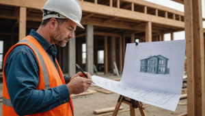 an image of a diverse group of construction contractors discussing plans, with blueprints, tools, safety gear, and a checklist in hand. Emphasize teamwork, expertise, and communication skills.