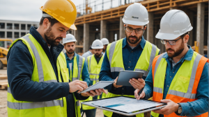 an image of a construction contractor overseeing a diverse team working on a building project, showcasing collaboration, expertise, and efficiency as benefits of working with a contractor.