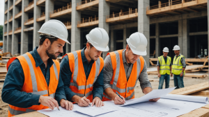 an image showing a team of construction workers in hard hats, discussing plans and inspecting blueprints on a building site. Emphasize teamwork, professionalism, and attention to detail to highlight the importance of hiring the right contractor.