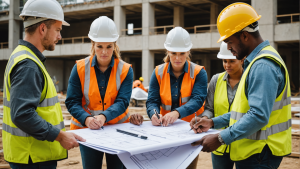 an image showing a diverse team of contractors discussing plans, using blueprints and tools on a construction site. Include a mix of male and female workers, showcasing teamwork and collaboration.