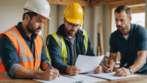 an image of a homeowner sitting at a table with a notebook, pen, and a list of questions. Next to them, a group of diverse contractors standing, each holding a construction tool. The homeowner looks engaged, ready to ask questions.