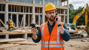 an image of a contractor using a phone instead of working, with unfinished projects in the background, mismatched tools, and lack of safety gear, for a blog post on Red Flags to Watch Out For.